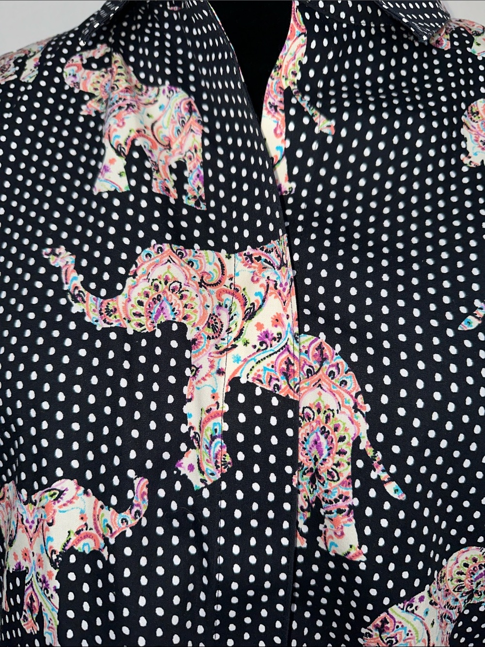 Chico's Black Polka Dot Button-Down with Multicolor Paisley Elephants - Picture 2 of 10
